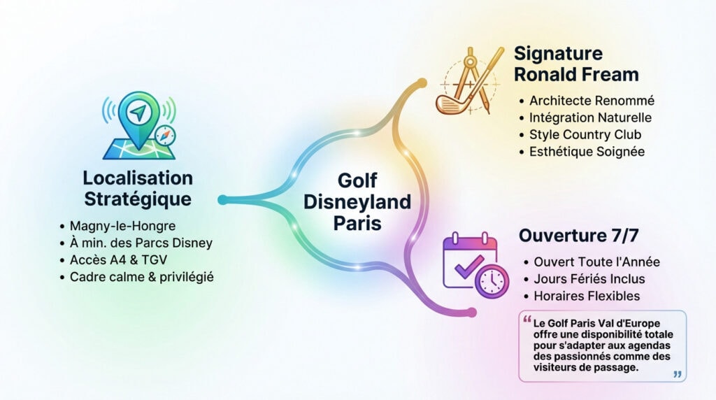 Vue verdoyante du parcours du Golf Paris Val d'Europe près de Disneyland Paris dessiné par Ronald Fream