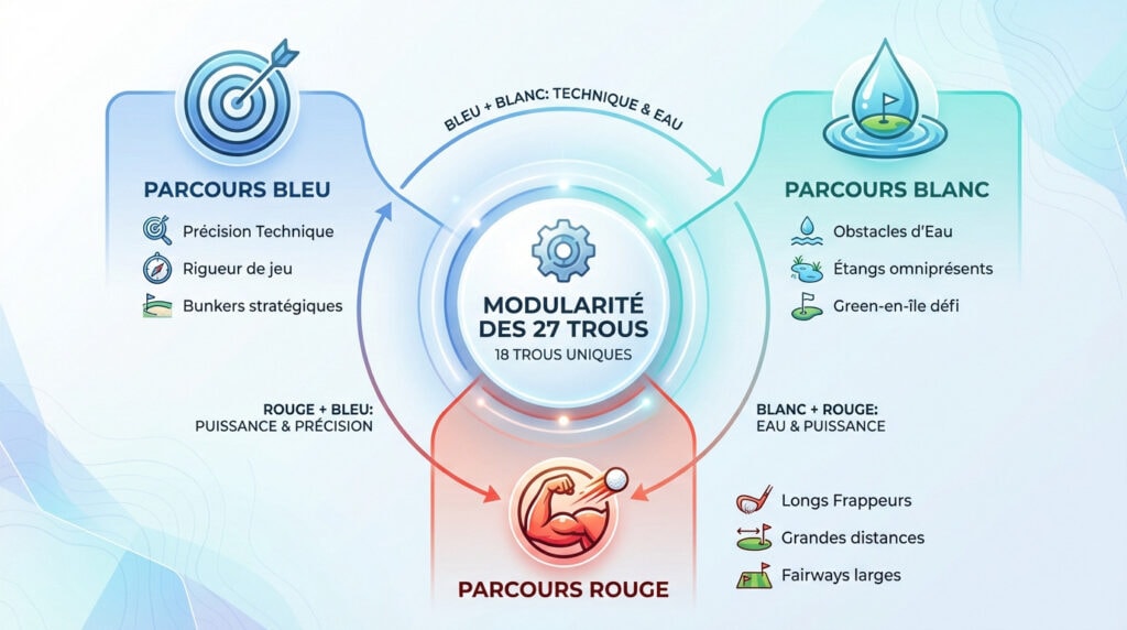 Schéma expliquant la modularité des 27 trous du Golf Paris Val d'Europe avec ses trois parcours près de Disneyland Paris