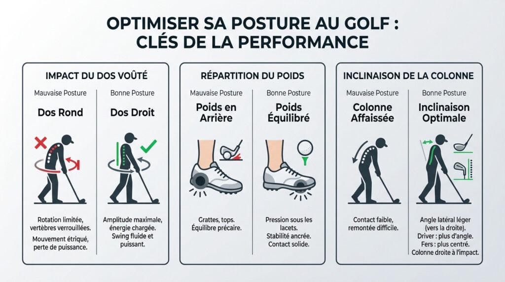 Infographie représentant un golfeur travaillant les différentes phases de sa posture à l'adresse pour éviter les erreurs de swing