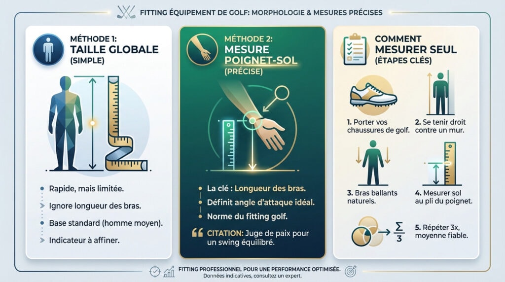 Schéma détaillé sur la mesure de la morphologie du golfeur pour un fitting précis et choix de la taille de club de golf