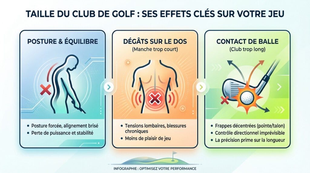 Infographie représentant l'impact de la taille de club de golf sur le swing et la posture