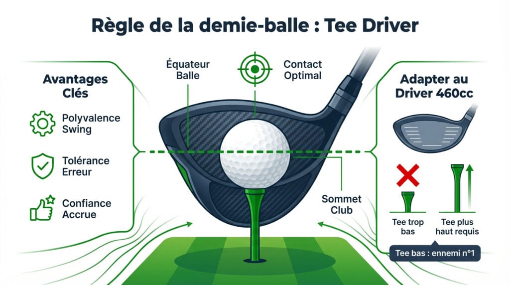 Schéma détaillé du réglage de la hauteur du tee au driver avec la règle de la demie-balle