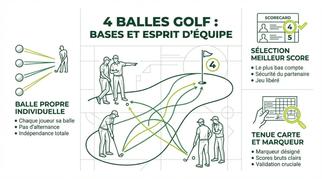 Infographie complète d'un exemple de deux golfeurs en binôme montrant leur stratégie sur le green en formule 4 balles