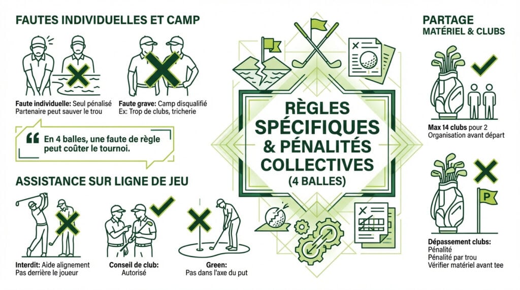 Illustration des règles et pénalités spécifiques au golf 4 balles