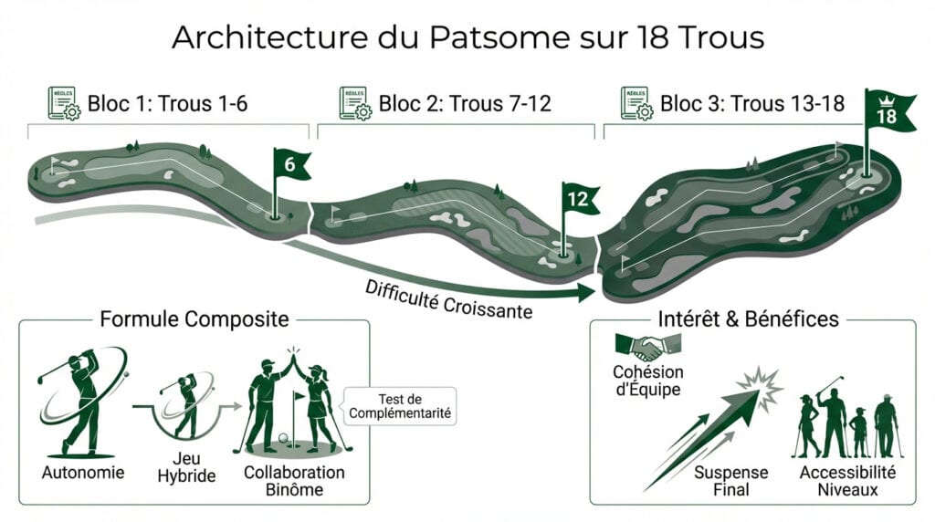 Schéma détaillé de l'organisation des 18 trous en format Patsome golf