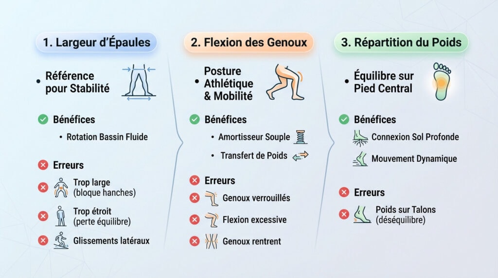 Infographie pour expliquer à un golfeur comment ajuster son stance golf pour un bas du corps stable et puissant sur le parcours