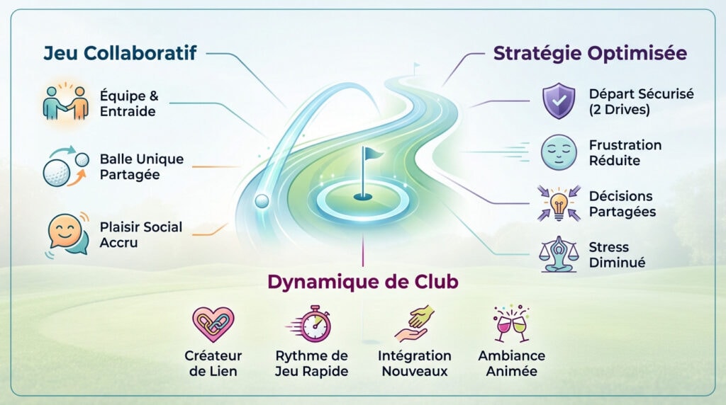 Infographie détaillant les bénéfices stratégiques et conviviaux de la formule de jeu Greensome golf