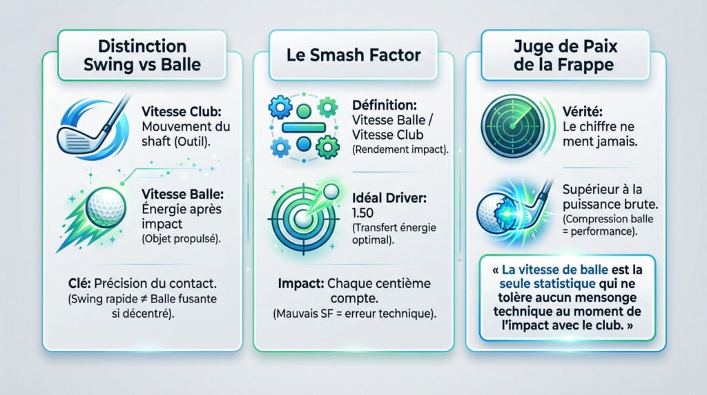 Infographie détaillant l'analyse de la vitesse de balle de golf et son impact sur la distance
