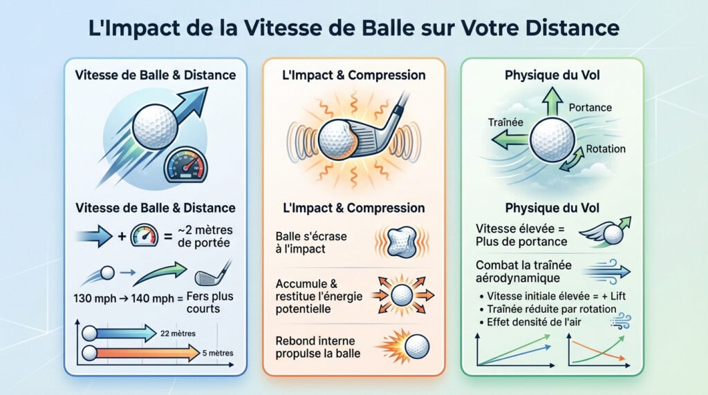 Schéma détaillé pour golfeur analysant la vitesse de balle de golf à l'impact pour optimiser sa distance sur le parcours