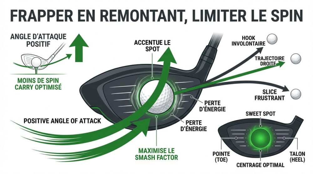 Schéma détaillé d'un golfeur frappant son driver avec un angle d'attaque positif pour gagner en distance au driver