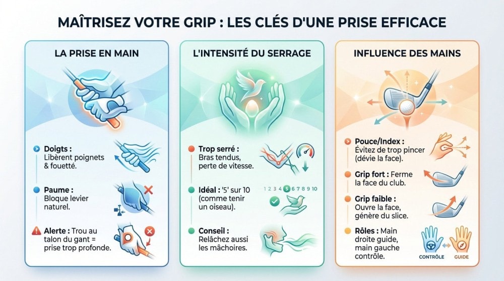Schéma détaillé des bases pour maitriser votre grip afin de corriger vos erreurs de swing au golf