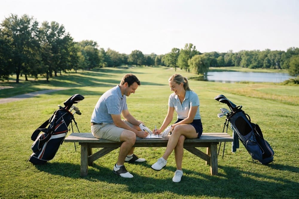 Couple de golfeurs réfléchissant sur comment faire baisser son index au golf avec le système EDS (Extra Day Score) 