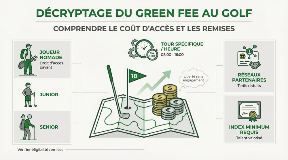 Infographie détaillée du décryptage des coûts et des remises du green fee golf 