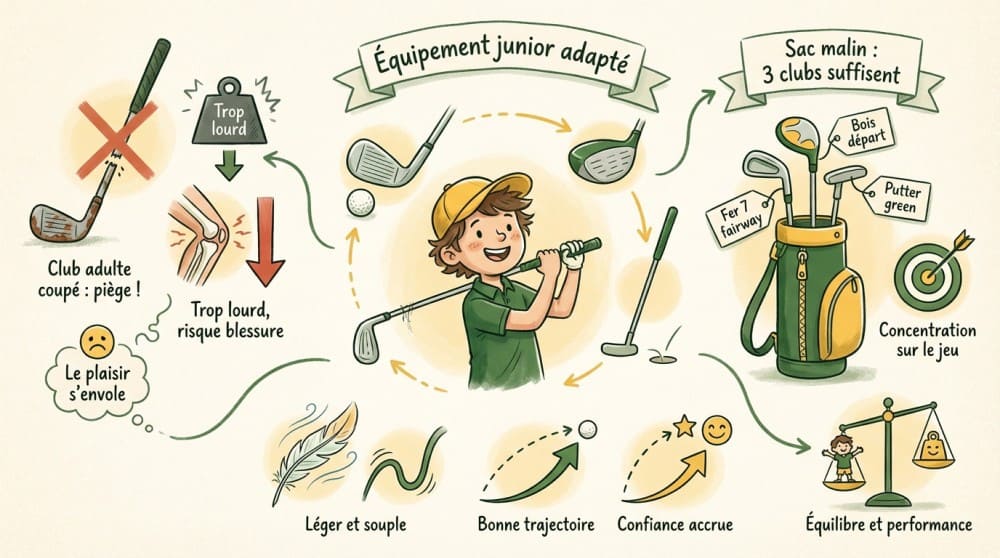 Infographie détaillée expliquant quel matériel choisir pour débuter le golf enfant