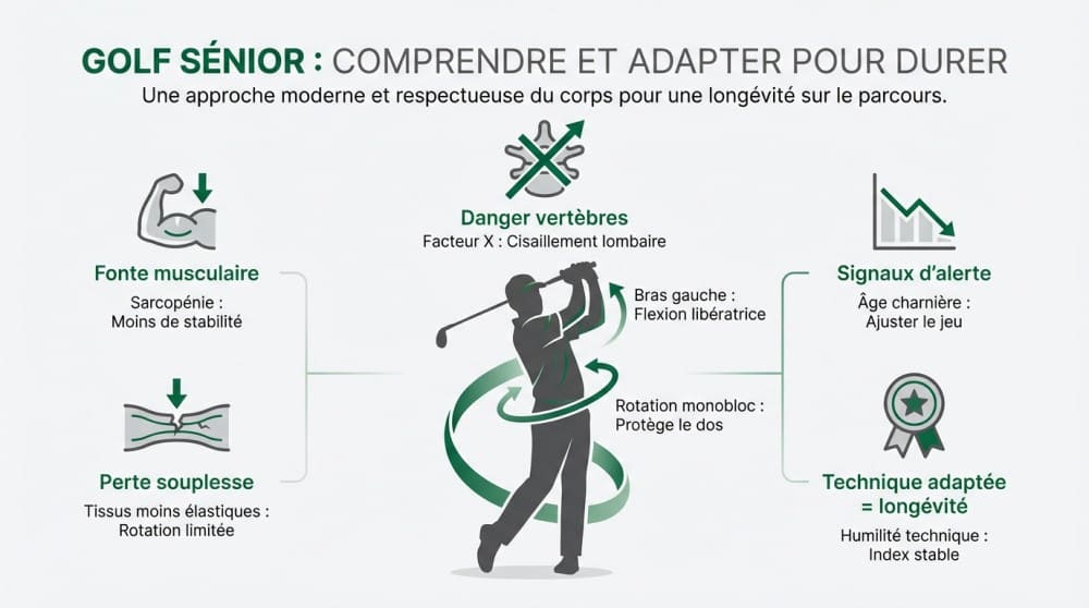 Infographie expliquant au golfeur senior comment effectuer un swing golf senior fluide et sans effort