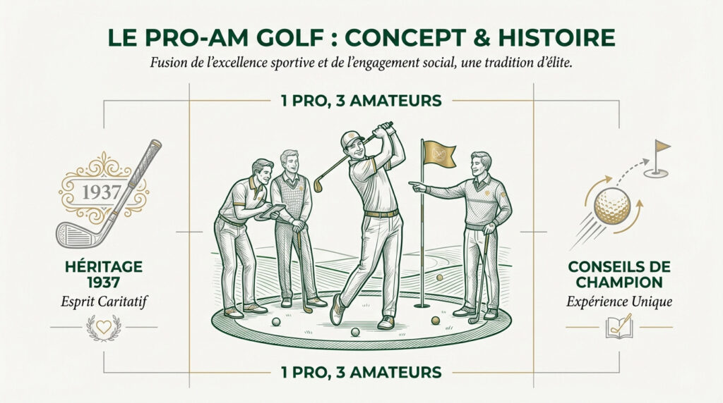 Infographie expliquant le concept et histoire du pro-am golf