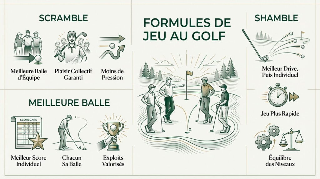 Illustration des différentes formules de jeu au golf : scramble, shamble et meilleure balle disponible au Pro-Am golf