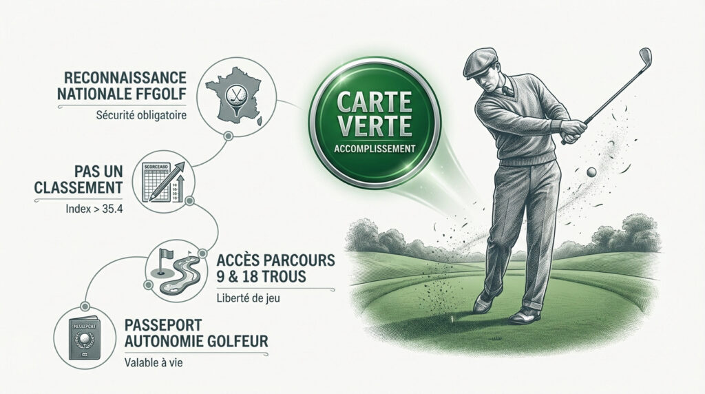 Infographie expliquant comment obtenir le Pass carte verte golf pour accéder aux parcours de 18 trous