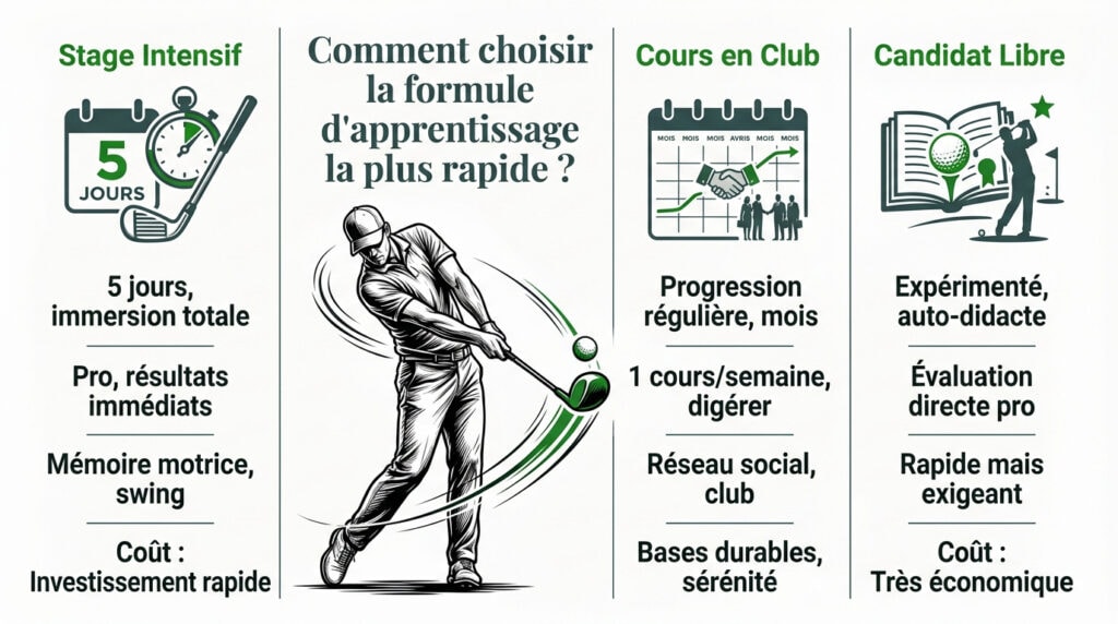 Un golfeur débutant s'exerçant sur un practice pour obtenir sa carte verte golf