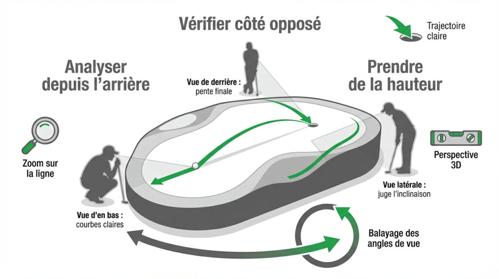 Golfeur analysant le parcours, pour lire les pentes d'un green sous différents angles pour un putt précis