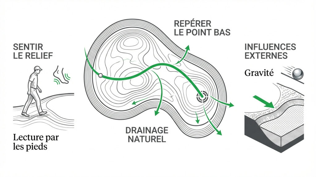 Infographie de l'analyse pour lire les pentes d'un green et maitriser l'impact du drainage sur un green de golf pour réussir son putt