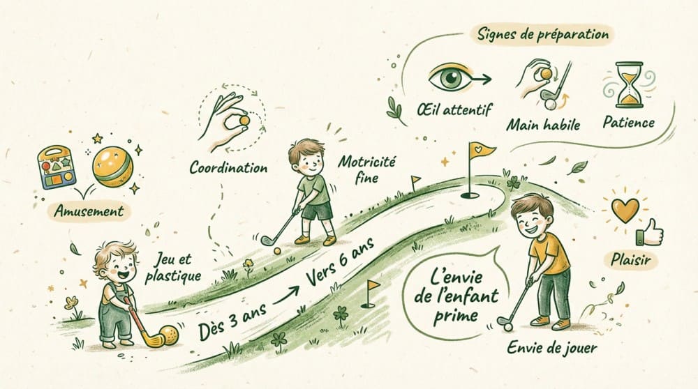 Schéma détaillé expliquant la progression pour débuter golf enfant aux différents âges