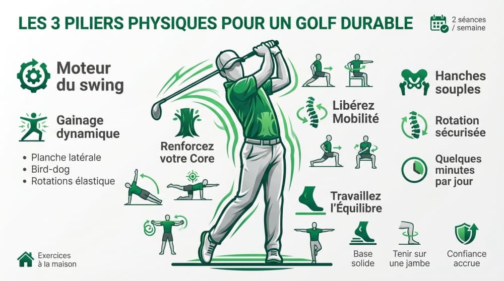 Schéma montrant un golfeur senior pratiquant des exercices de mobilité pour améliorer son swing golf senior