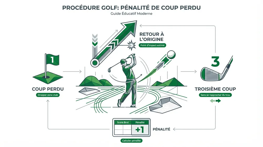 Infographie procédure golf : pénalité de coup perdu et retour à l'origine – procédure balle perdue golf