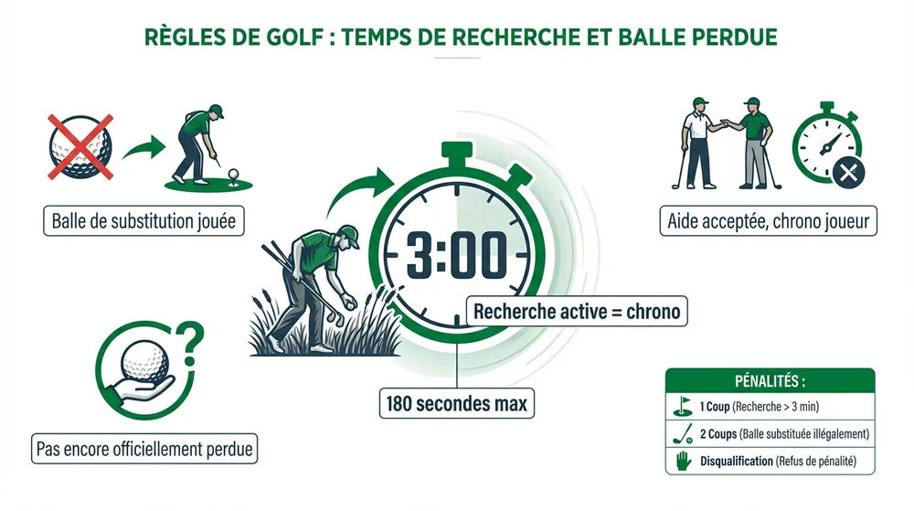 Infographie règles golf : temps de recherche 3 minutes et balle perdue – pénalités et procédures