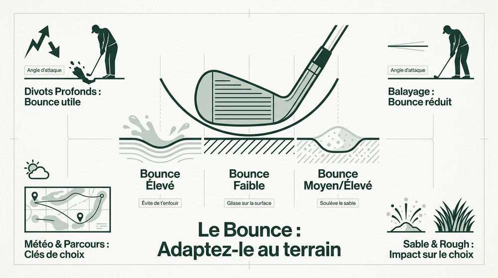Infographie bounce wedge golf selon le terrain et l'angle d'attaque - divots profonds vs balayage