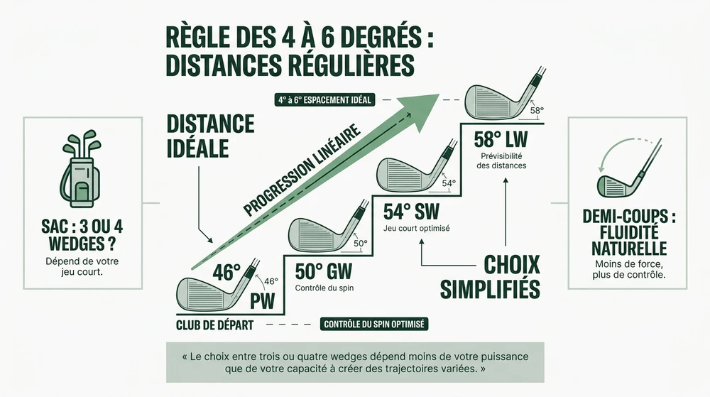 Infographie règle des 4 à 6 degrés d'écart entre wedges : choisir wedge golf étagement distances