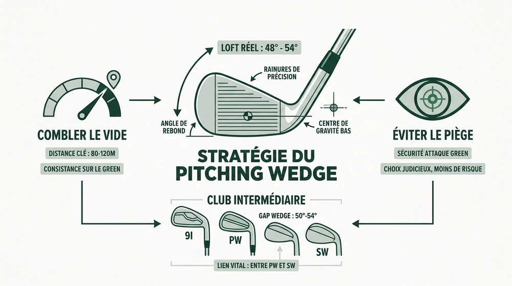 Infographie stratégie du pitching wedge : loft réel et gap wedge pour choisir wedge golf