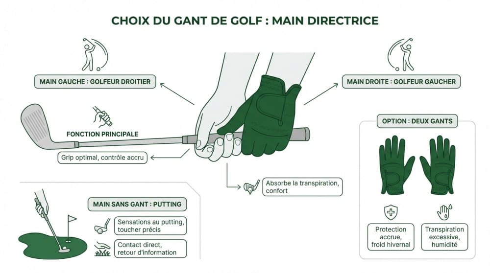Infographie d'un golfeur ajustant son gant de golf sur sa main directrice avant le swing ou comment bien choisir son gant de golf