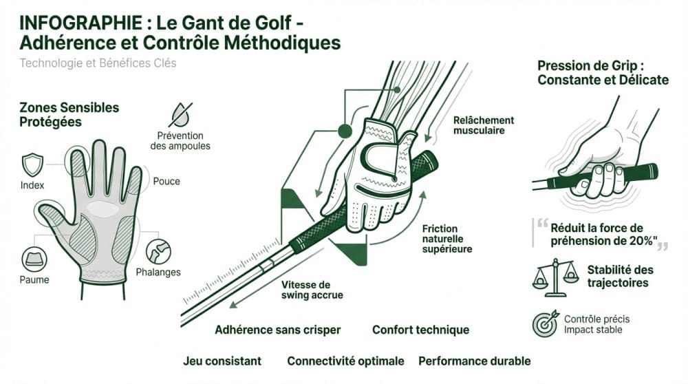 Schéma détaillé d'un golfeur ajustant son gant de golf en cuir pour une meilleure adhérence sur le grip