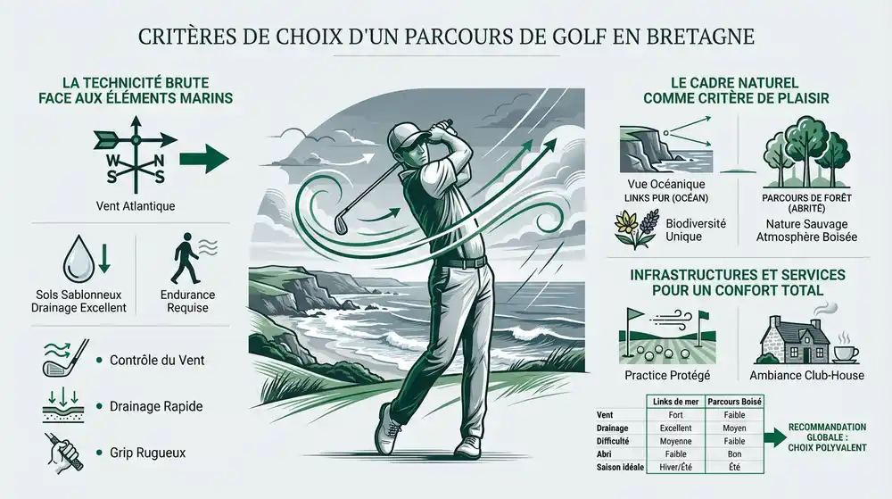Infographie critères de choix d'un parcours de golf en Bretagne : vent, drainage, technicité et cadre naturel