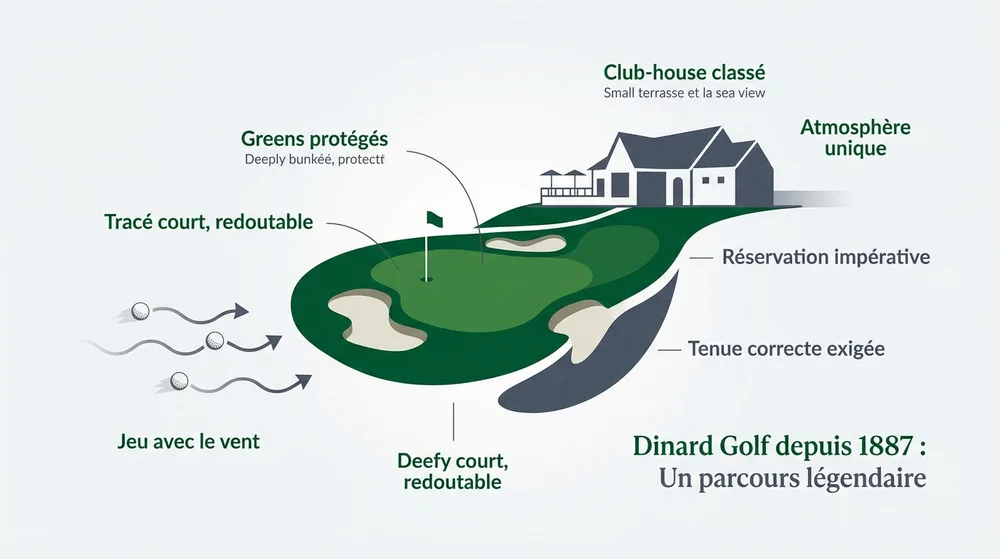 Infographie Dinard Golf depuis 1887 : tracé court redoutable, greens bunkérisés et club-house classé – golf Bretagne