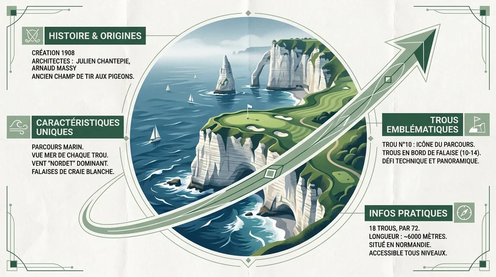 Infographie golf d'Étretat — histoire 1908, caractéristiques du parcours sur falaises et infos pratiques