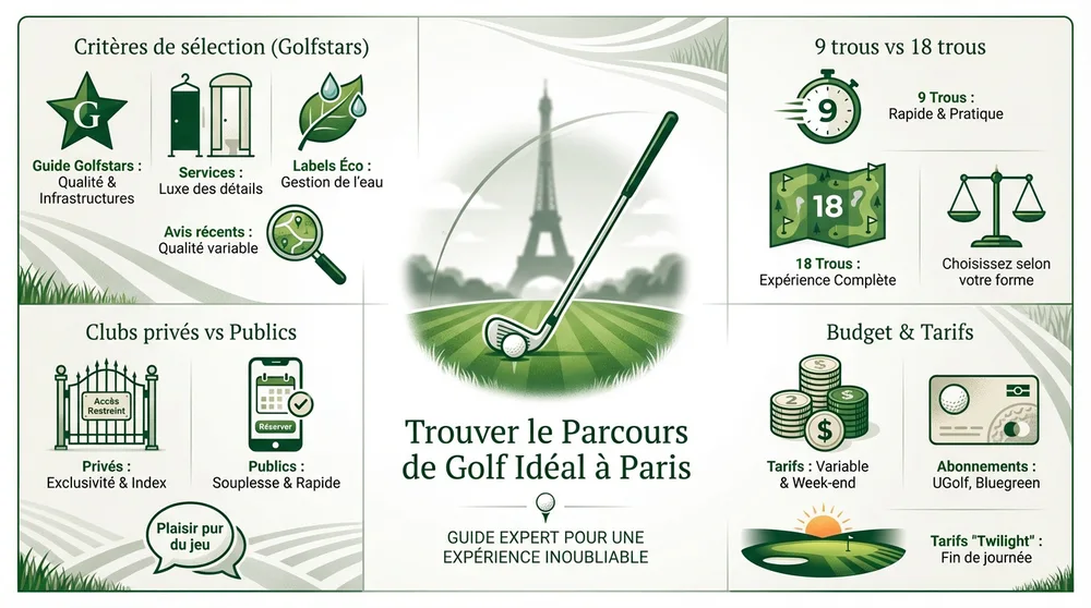 Infographie choisir son parcours golf à Paris : critères Golfstars, 9 ou 18 trous, clubs privés vs publics, budget