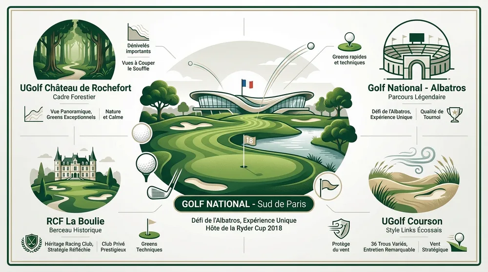 Infographie Golf National sud de Paris : Albatros Ryder Cup, Courson, La Boulie, Rochefort