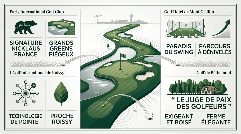 Infographie golfs nord de Paris : Paris International Nicklaus, Mont Griffon, Roissy, Béthemont