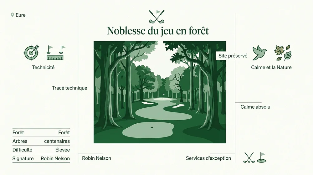 Infographie Golf Champ de Bataille Normandie — tracé Robin Nelson, forêt, difficulté et services