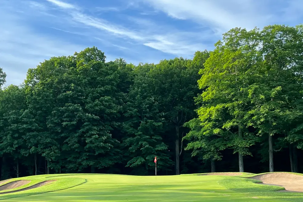 Green de golf entouré d'arbres centenaires en forêt normande — parcours boisé golf Normandie Eure
