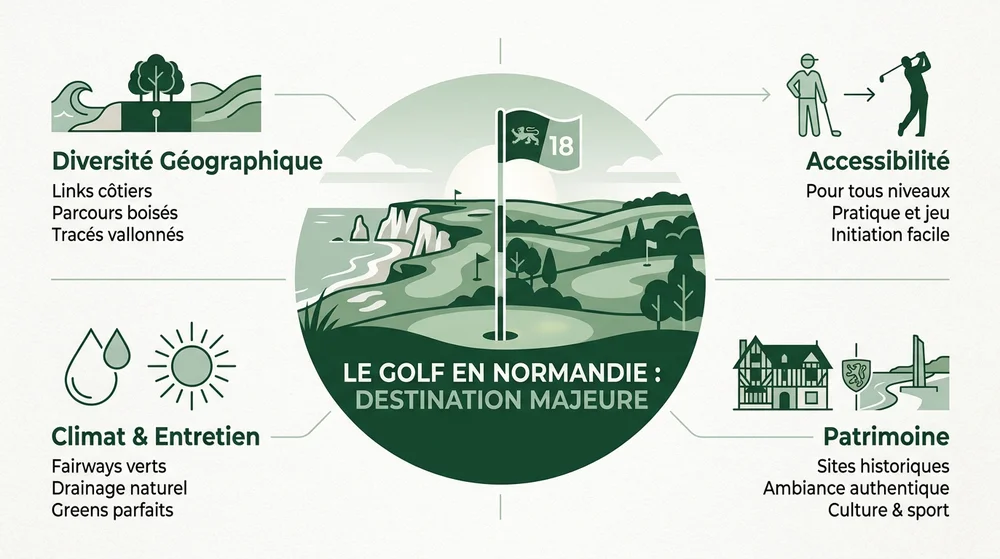Infographie golf Normandie destination majeure — diversité géographique, accessibilité et patrimoine
