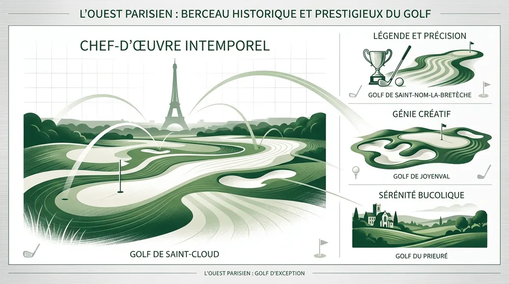 Infographie clubs historiques golf ouest parisien : Saint-Cloud, Saint-Nom-la-Bretèche, Joyenval, Prieuré