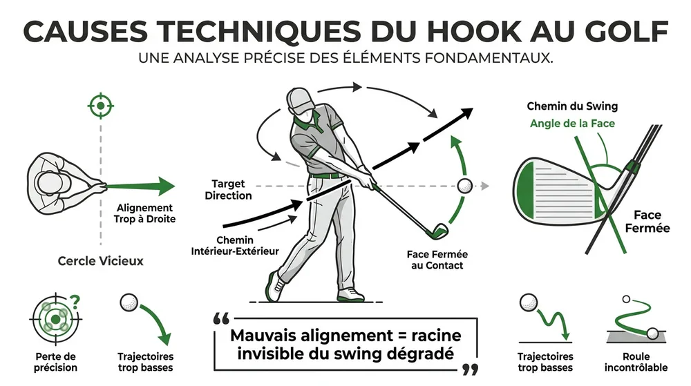 Infographie causes techniques du hook au golf — chemin de swing, face fermée et cercle vicieux