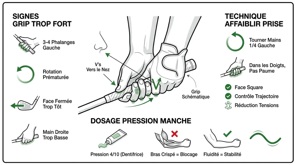 Infographie corriger grip golf trop fort — signes, technique affaiblir prise et pression manche