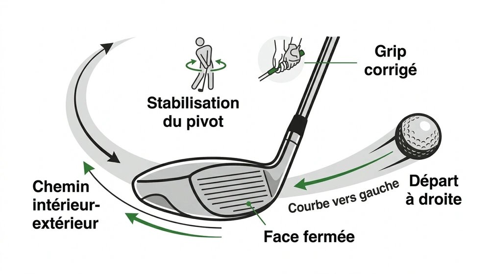 Infographie hook golf : chemin intérieur-extérieur, face fermée et trajectoire de balle