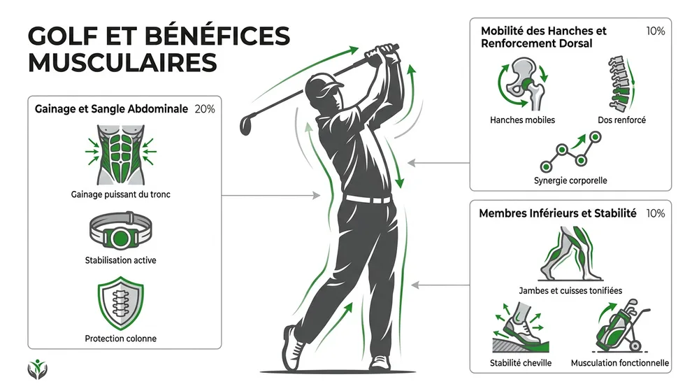 Infographie golf et bénéfices musculaires — gainage, hanches, membres inférieurs et swing