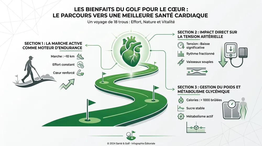 Infographie bienfaits golf santé cardiovasculaire — marche, tension artérielle et calories