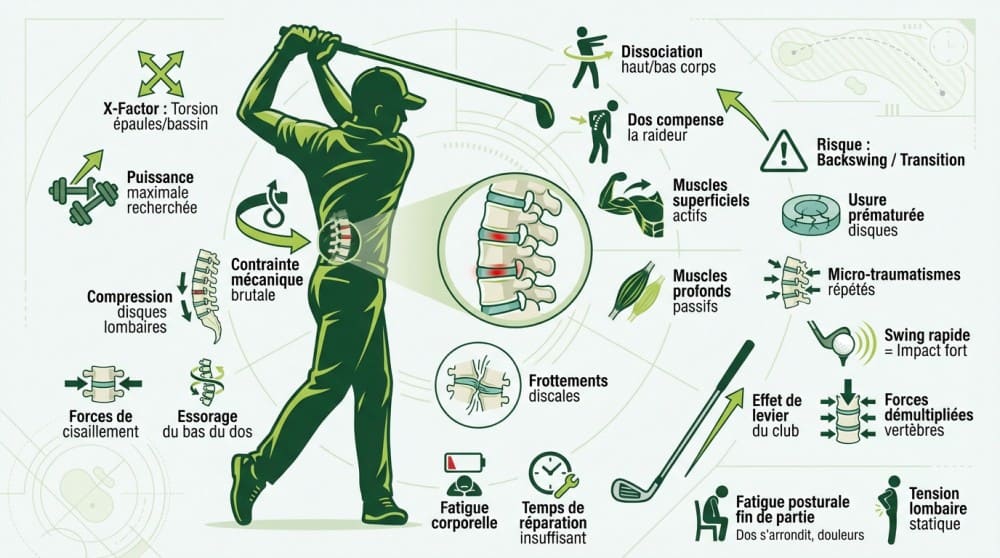 Schéma détaillé de la posture golf lombaires contraintes biomécaniques colonne vertébrale au swing pour éviter mal de dos au golf